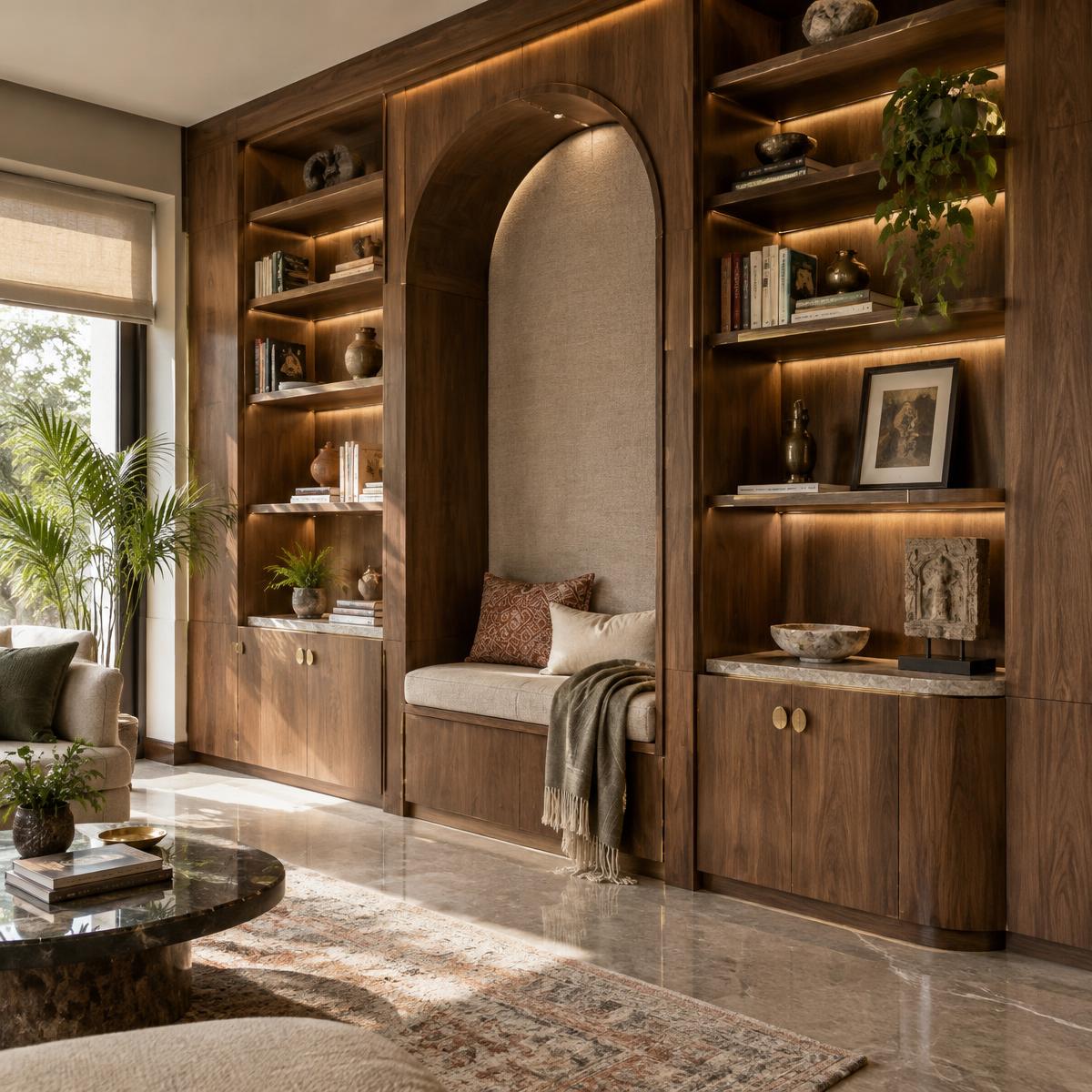 Illustrative bespoke timber shelving and reading niche