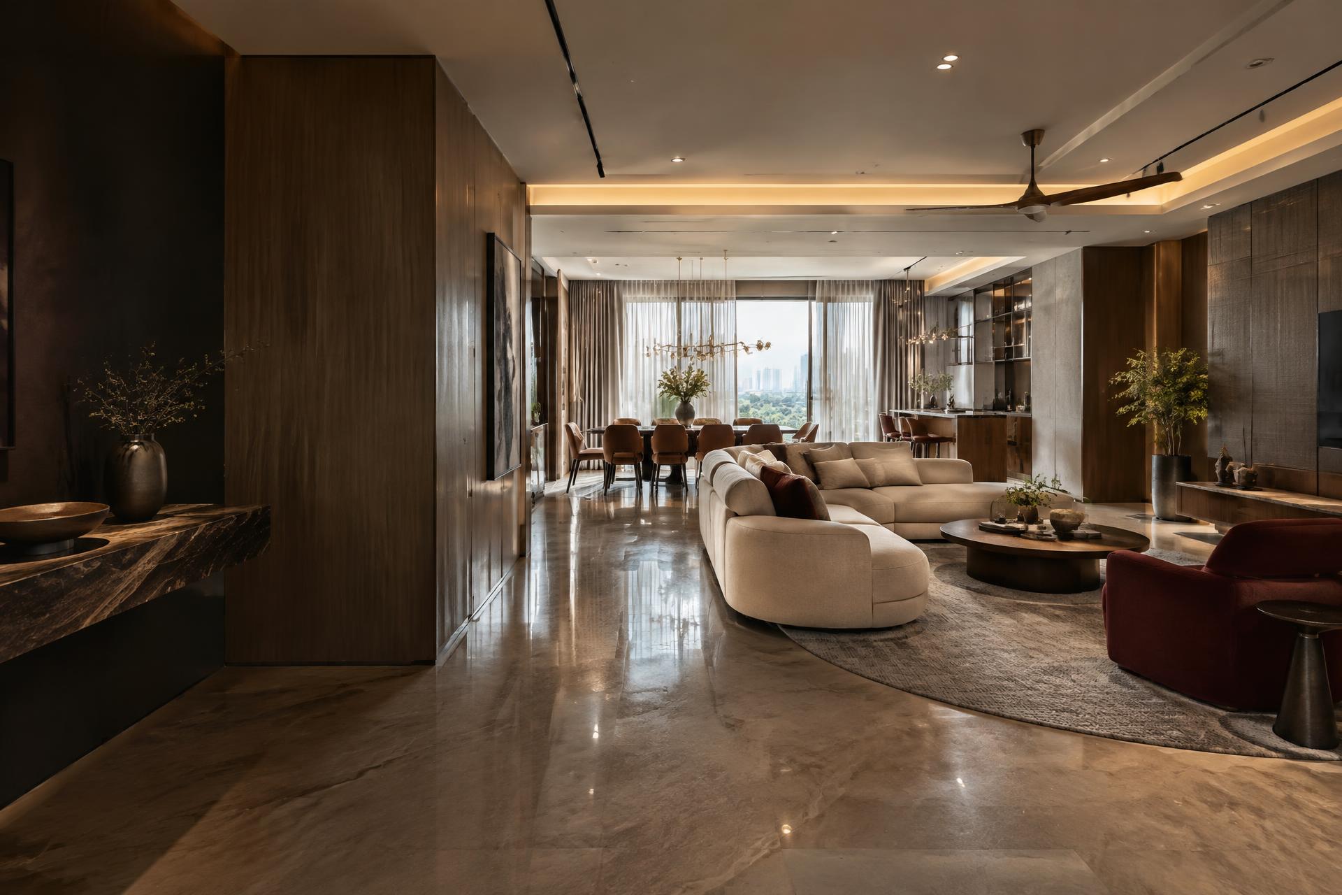 Illustrative luxury complete-home interior with living and dining areas
